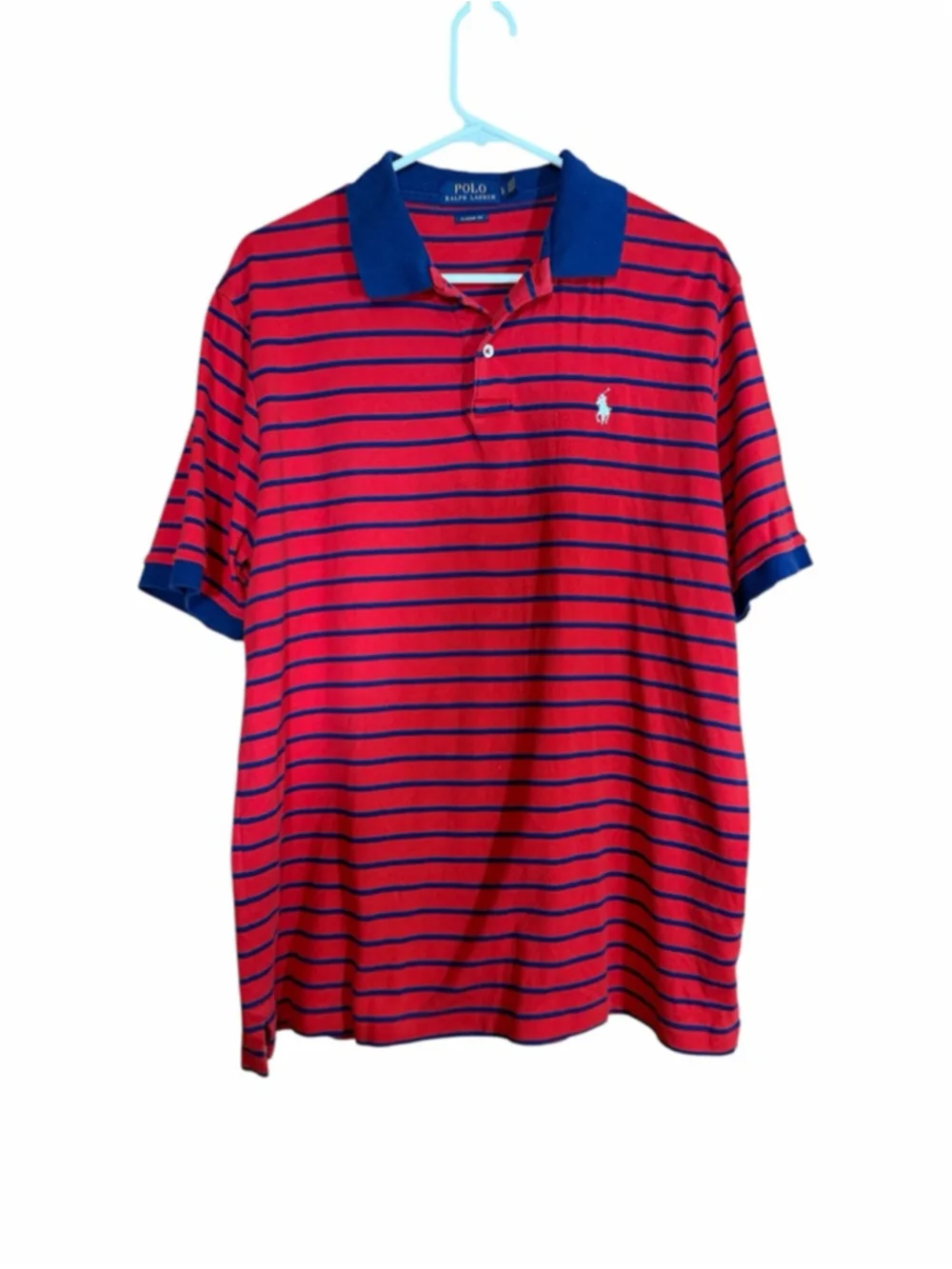 Polo Ralph Lauren classic fit red navy blue striped short sleeve cotton polo L